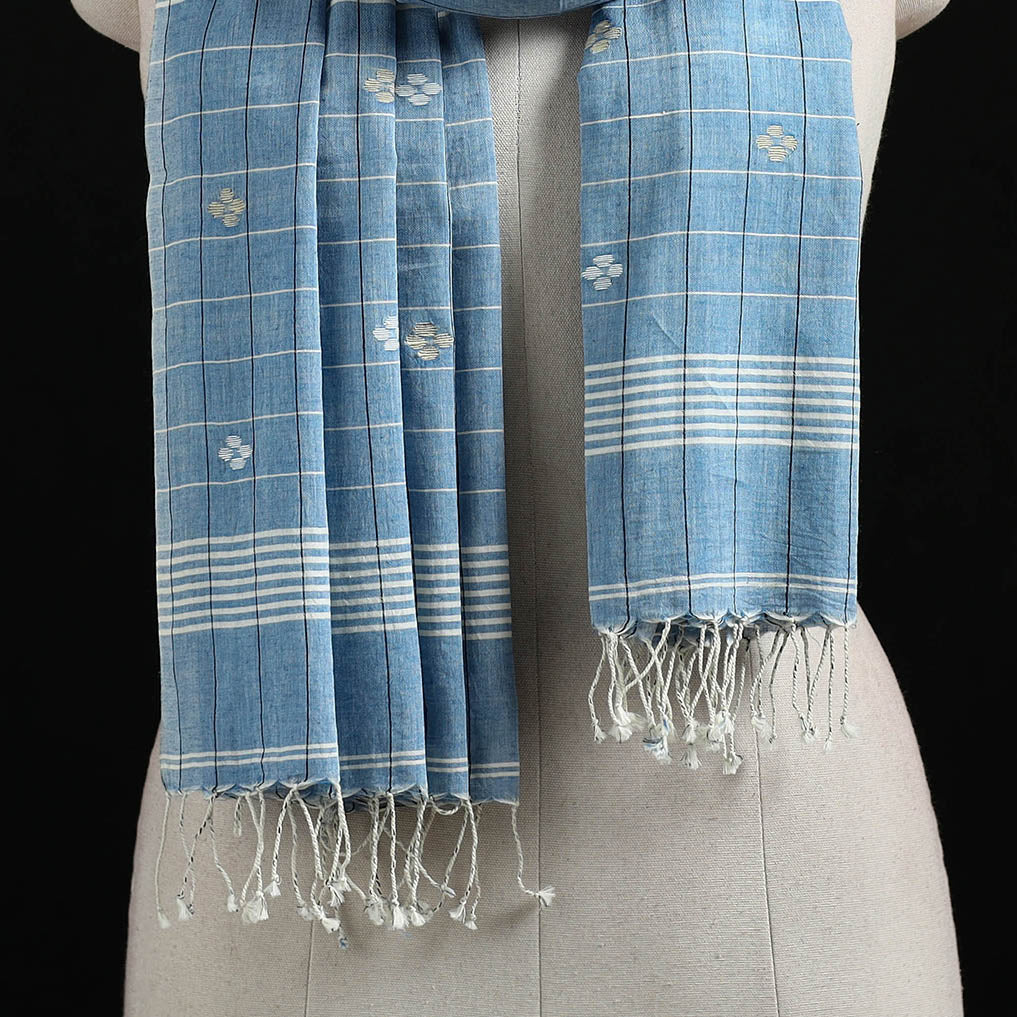 Blue - Burdwan Jamdani Handloom Cotton Stole with Tassels 12
