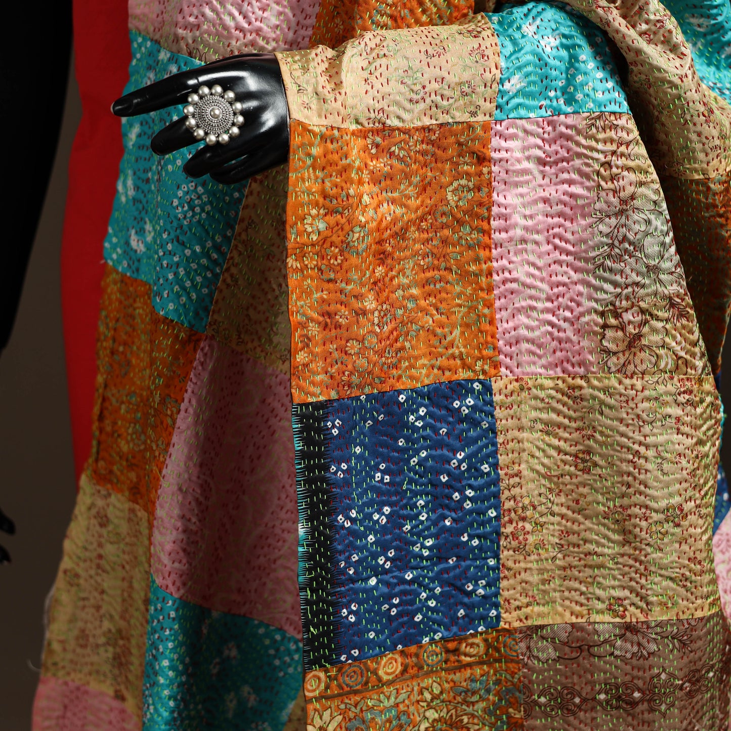 Bengal Hand Embroidery Patchwork Reversible Silk Kantha Dupatta 31