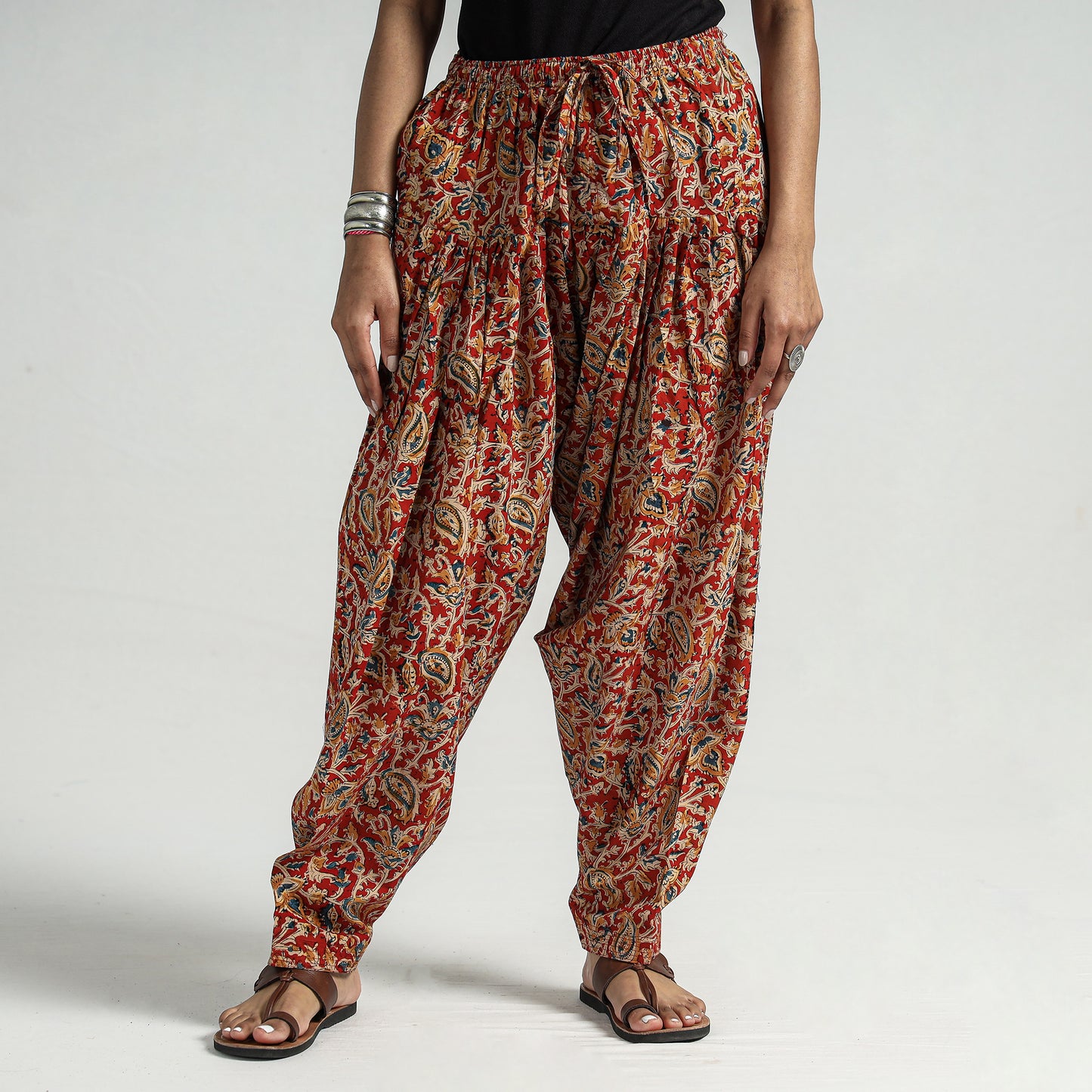 Red - Kalamkari Block Printed Cotton Elasticated Salwar