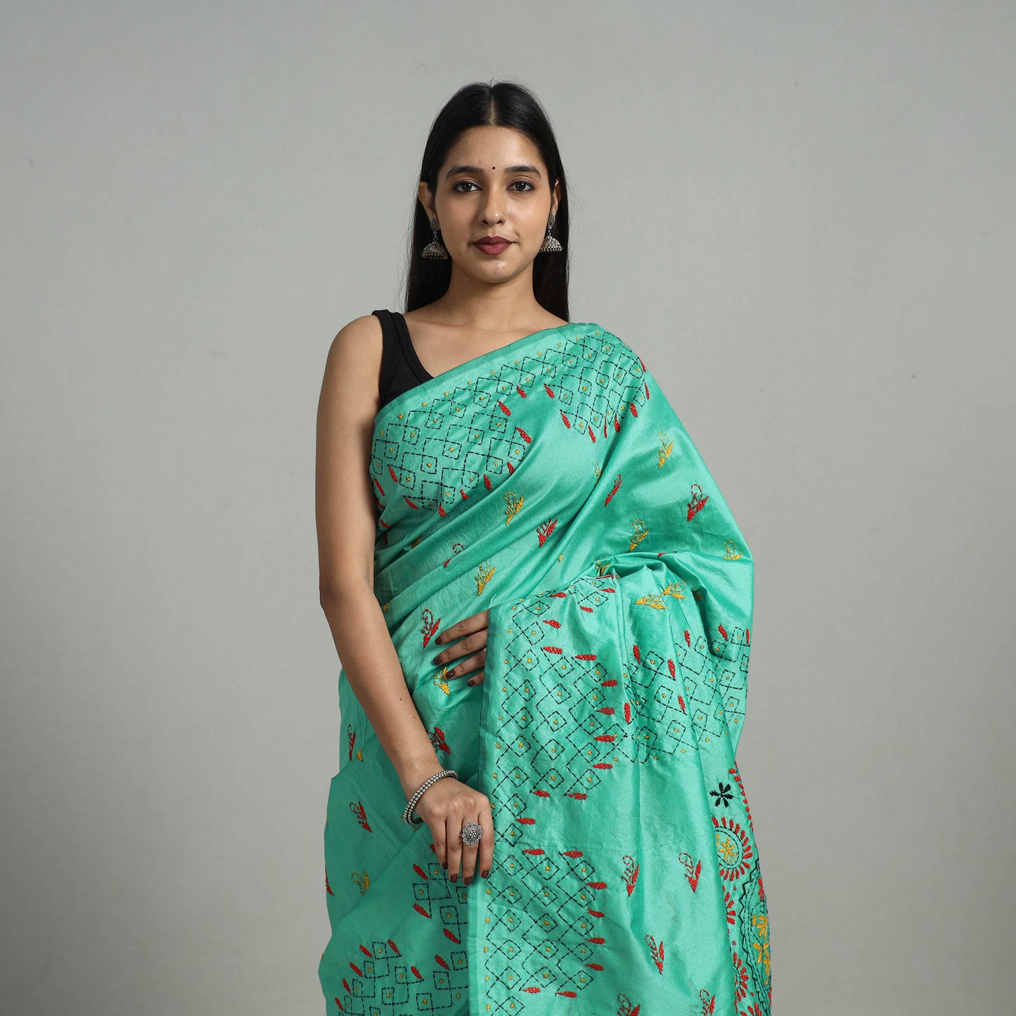 Green - Handcrafted Bengal Nakshi Kantha Work Silk Saree 18