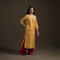 Yellow - Mangalagiri Pure Handwoven Cotton Mirror Work Straight Long Kurta for women 29