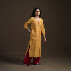 Yellow - Mangalagiri Pure Handwoven Cotton Mirror Work Straight Long Kurta for women 29