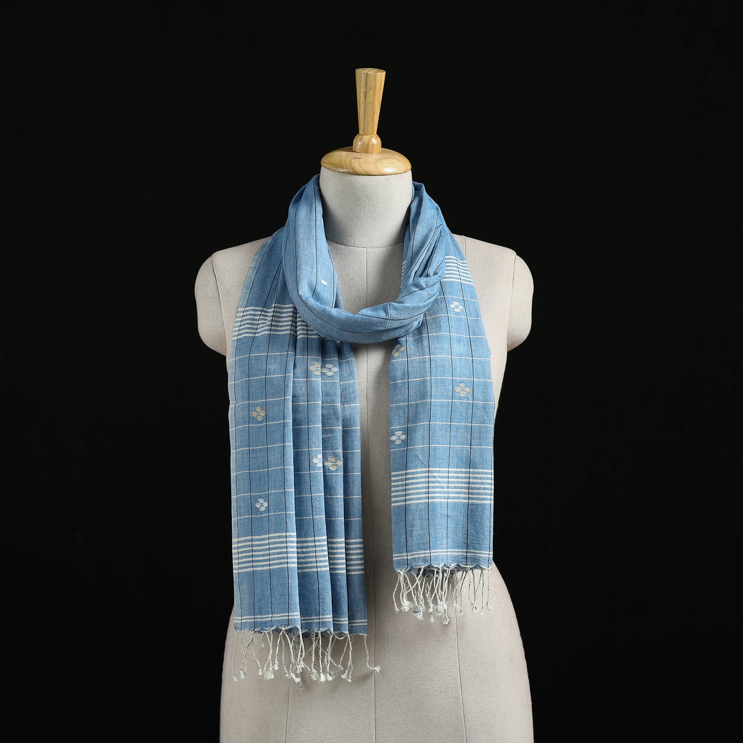 Blue - Burdwan Jamdani Handloom Cotton Stole with Tassels 12