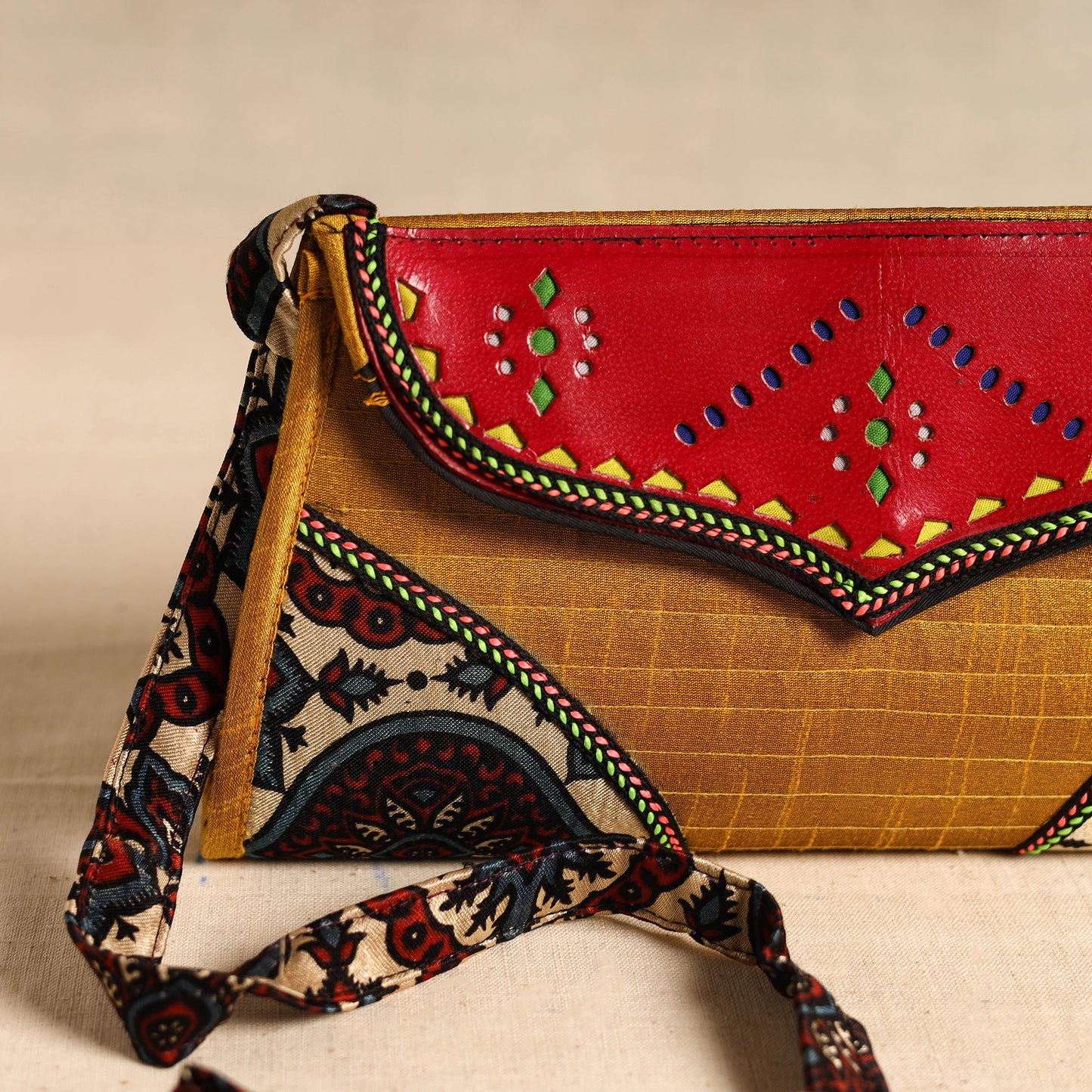Traditional Kutch Patchwork Silk Leather Flap Sling Bag 40