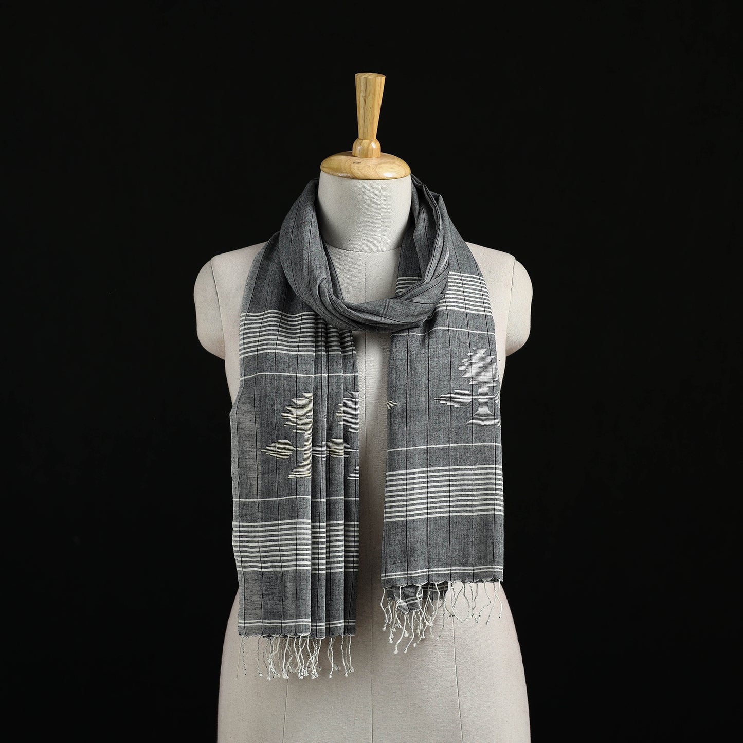 Grey - Burdwan Jamdani Handloom Cotton Stole with Tassels 11