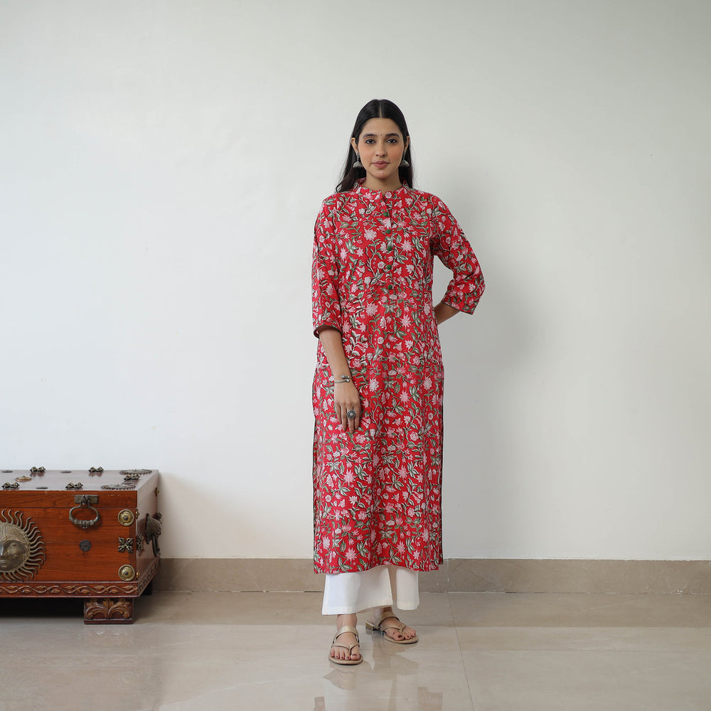 Red - Sanganeri Block Printed Cotton Long Straight Kurta