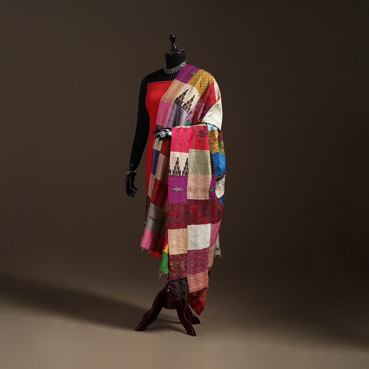 Multicolor - Bengal Hand Embroidery Patchwork Reversible Silk Kantha Dupatta 32