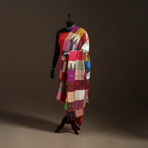 Multicolor - Bengal Hand Embroidery Patchwork Reversible Silk Kantha Dupatta 32