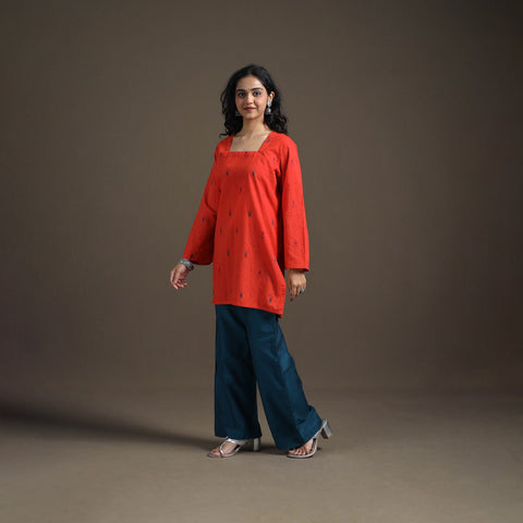 Red - Jacquard Cotton Short Kurta for Women 09