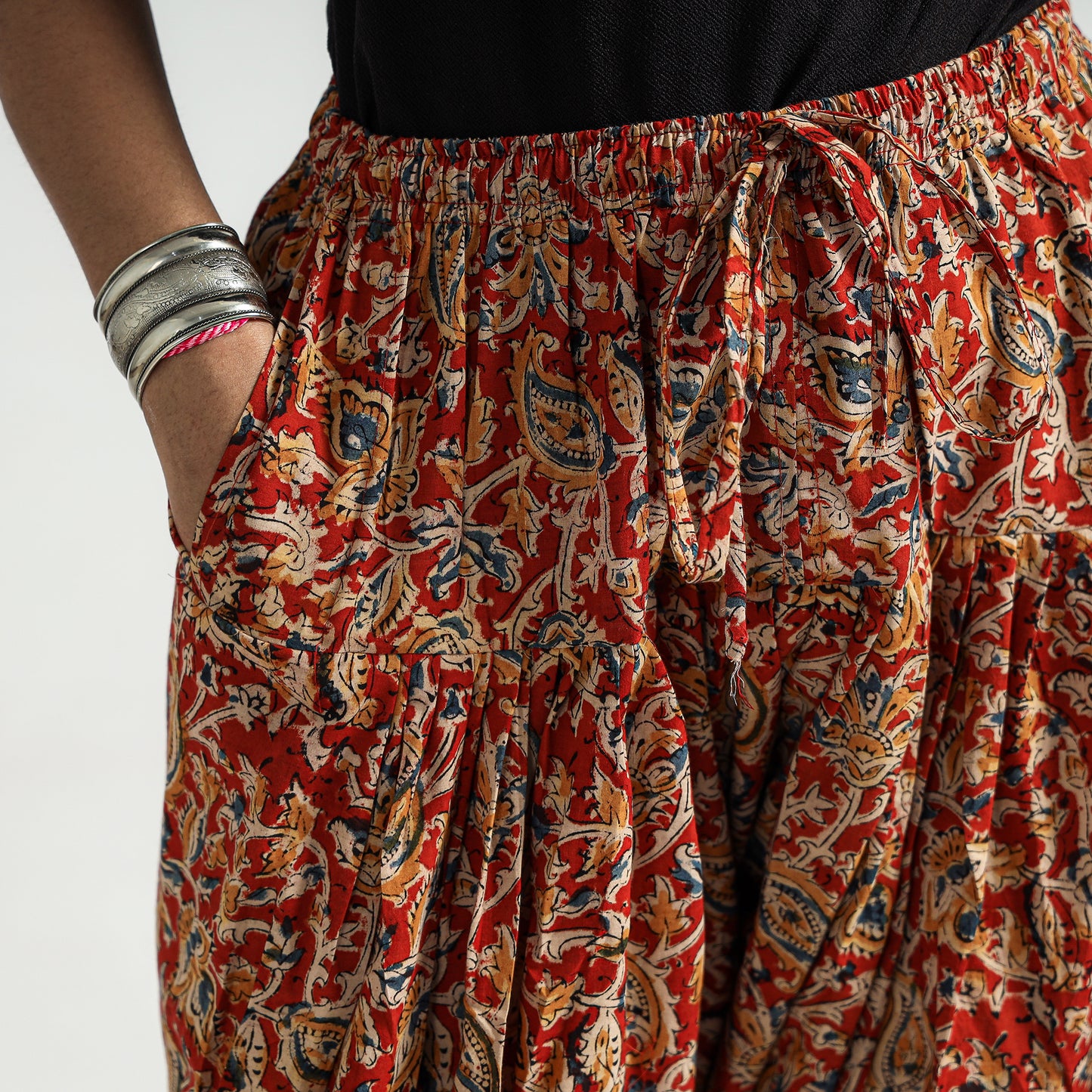 Red - Kalamkari Block Printed Cotton Elasticated Salwar