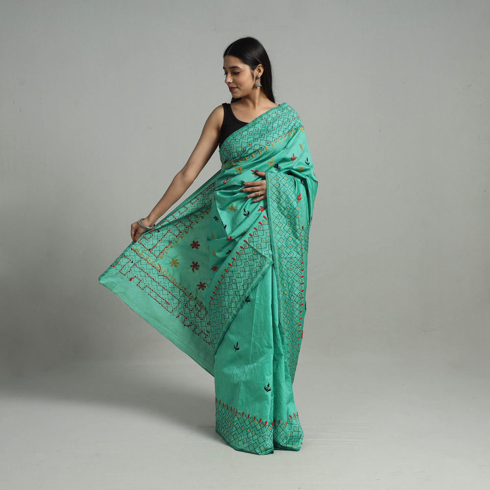 Green - Handcrafted Bengal Nakshi Kantha Work Silk Saree 22