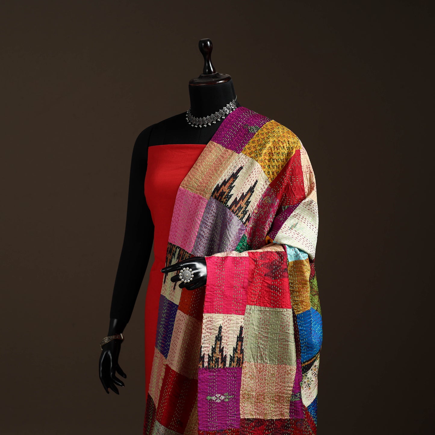 Multicolor - Bengal Hand Embroidery Patchwork Reversible Silk Kantha Dupatta 32