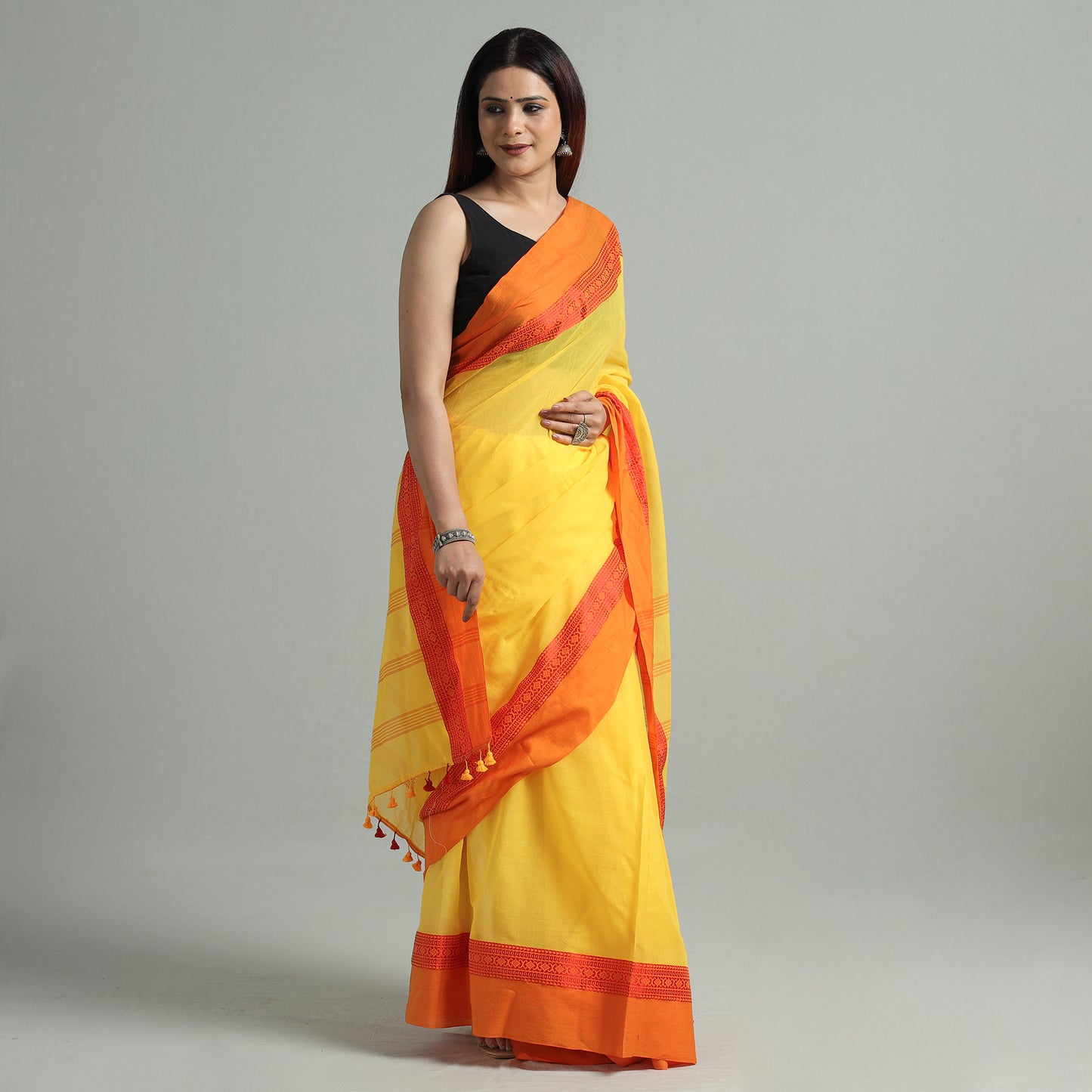Yellow - Tangail Bengal Handloom Pure Cotton Saree 29