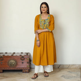 Srikalahasti Kalamkari Patchwork Plain Cotton A-Line Kurta for Women