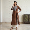 Brown - Pochampally Ikat Weave Cotton Straight Kurta with Jacquard Patchwork 23