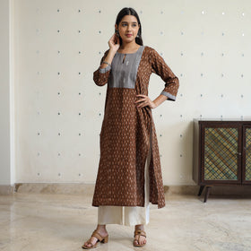 Brown - Pochampally Ikat Weave Cotton Straight Kurta with Jacquard Patchwork 23