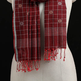 Maroon - Burdwan Jamdani Handloom Cotton Stole with Tassels 06