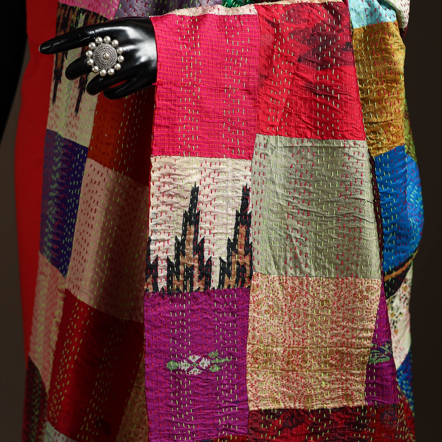 Multicolor - Bengal Hand Embroidery Patchwork Reversible Silk Kantha Dupatta 32