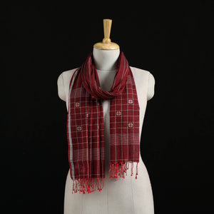 Maroon - Burdwan Jamdani Handloom Cotton Stole with Tassels 06