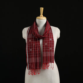 Maroon - Burdwan Jamdani Handloom Cotton Stole with Tassels 06