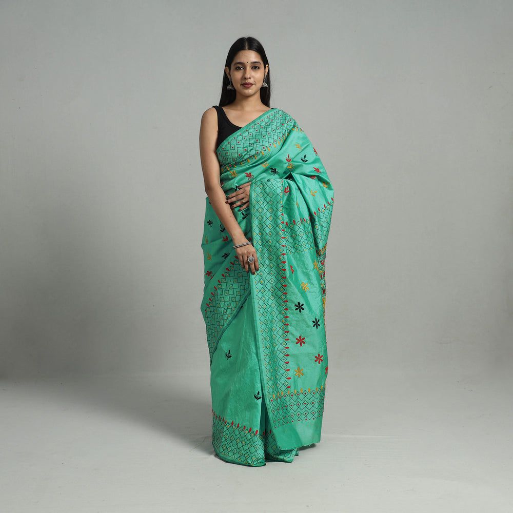 Green - Handcrafted Bengal Nakshi Kantha Work Silk Saree 22