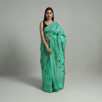 Green - Handcrafted Bengal Nakshi Kantha Work Silk Saree 22