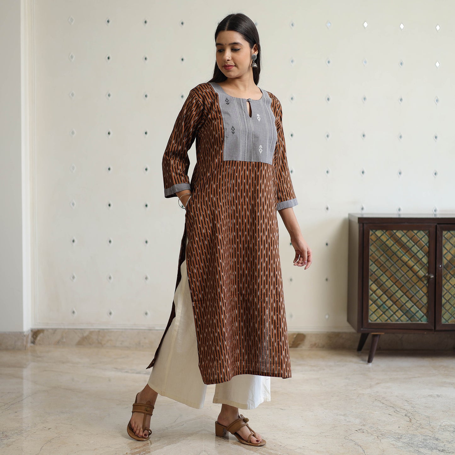 Brown - Pochampally Ikat Weave Cotton Straight Kurta with Jacquard Patchwork 23