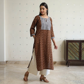 Brown - Pochampally Ikat Weave Cotton Straight Kurta with Jacquard Patchwork 23