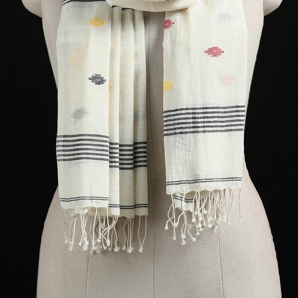 White - Burdwan Jamdani Handloom Cotton Stole with Tassels 05