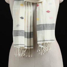 White - Burdwan Jamdani Handloom Cotton Stole with Tassels 05
