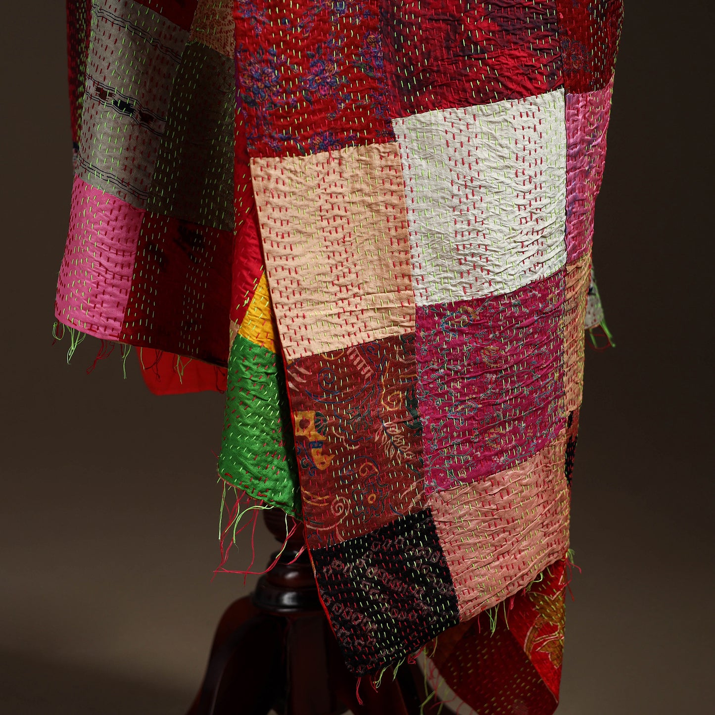 Multicolor - Bengal Hand Embroidery Patchwork Reversible Silk Kantha Dupatta 32