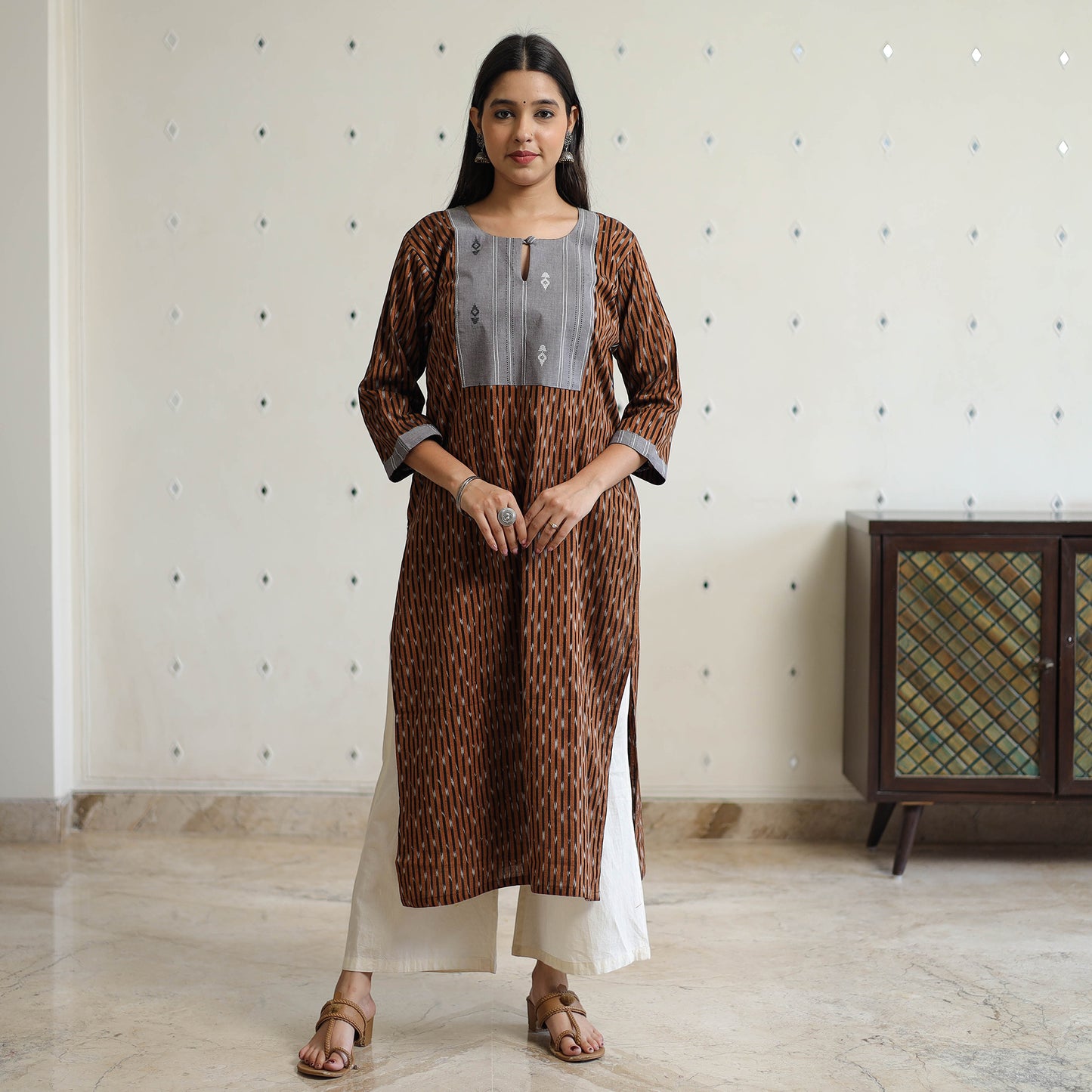 Brown - Pochampally Ikat Weave Cotton Straight Kurta with Jacquard Patchwork 23