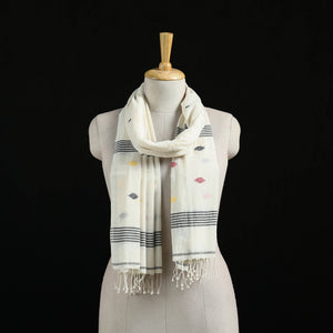 White - Burdwan Jamdani Handloom Cotton Stole with Tassels 05