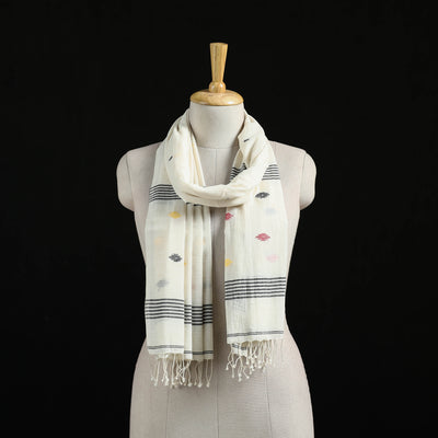 White - Burdwan Jamdani Handloom Cotton Stole with Tassels 05