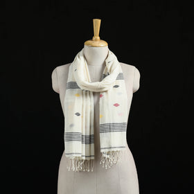 White - Burdwan Jamdani Handloom Cotton Stole with Tassels 05