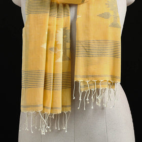 Yellow - Burdwan Jamdani Handloom Cotton Stole with Tassels 04