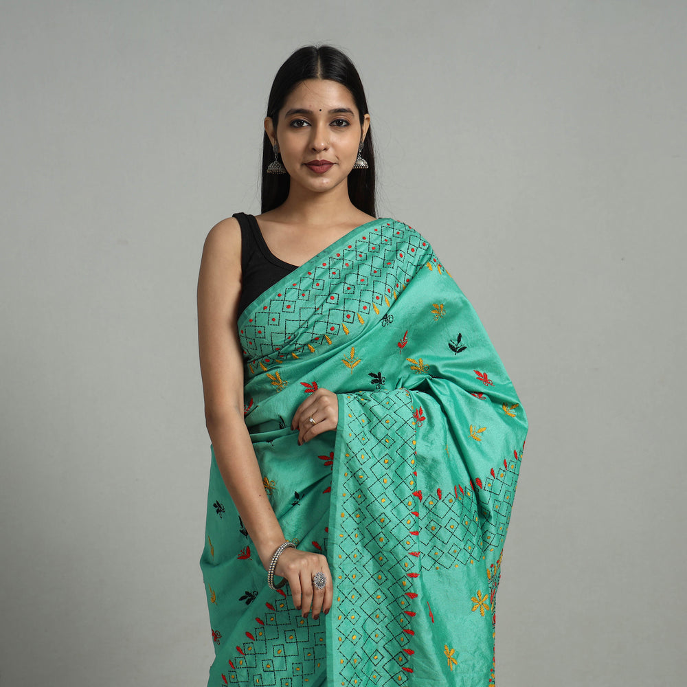 Green - Handcrafted Bengal Nakshi Kantha Work Silk Saree 22