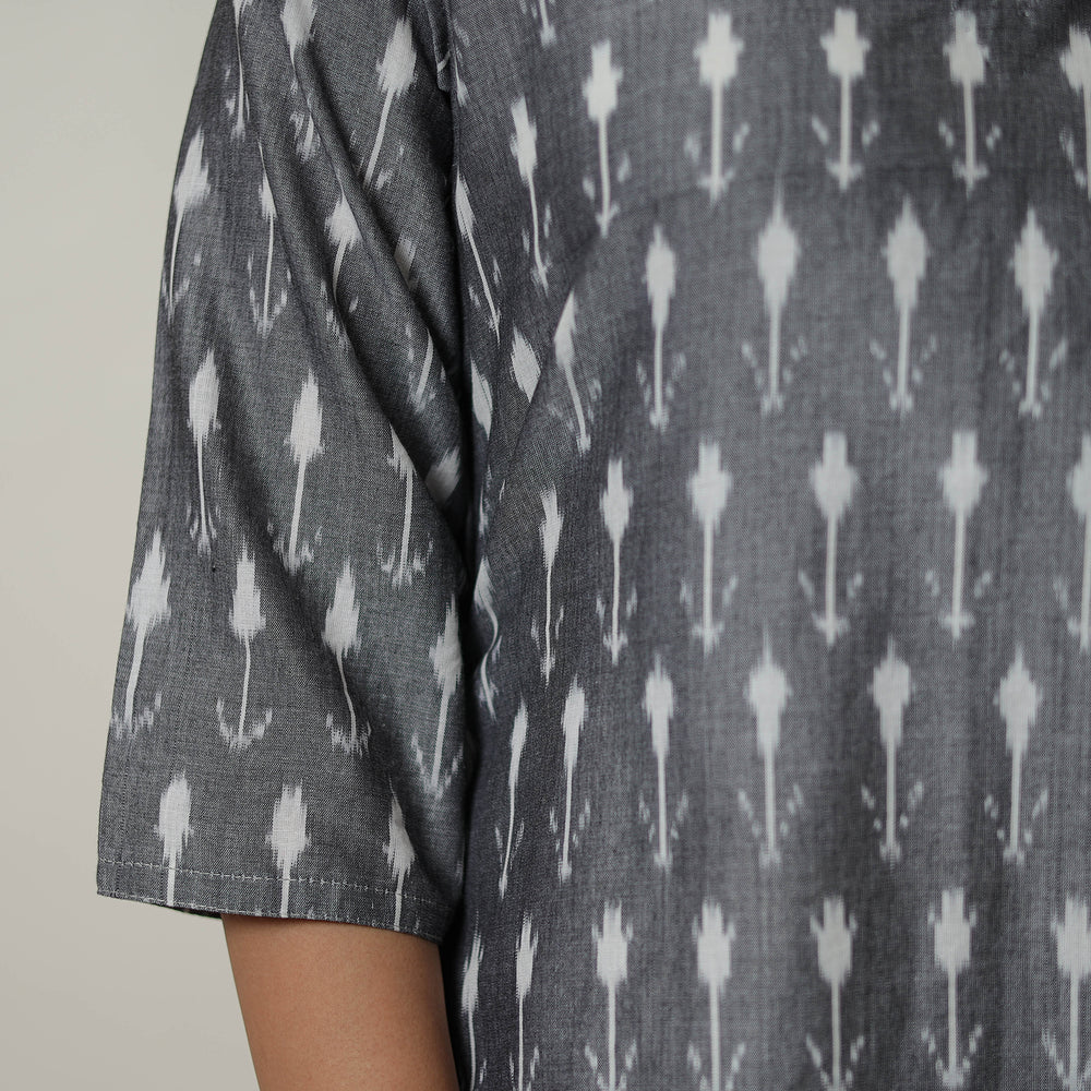 Grey - Mercerised Cotton A-Line Pochampally Ikat Kurta 02