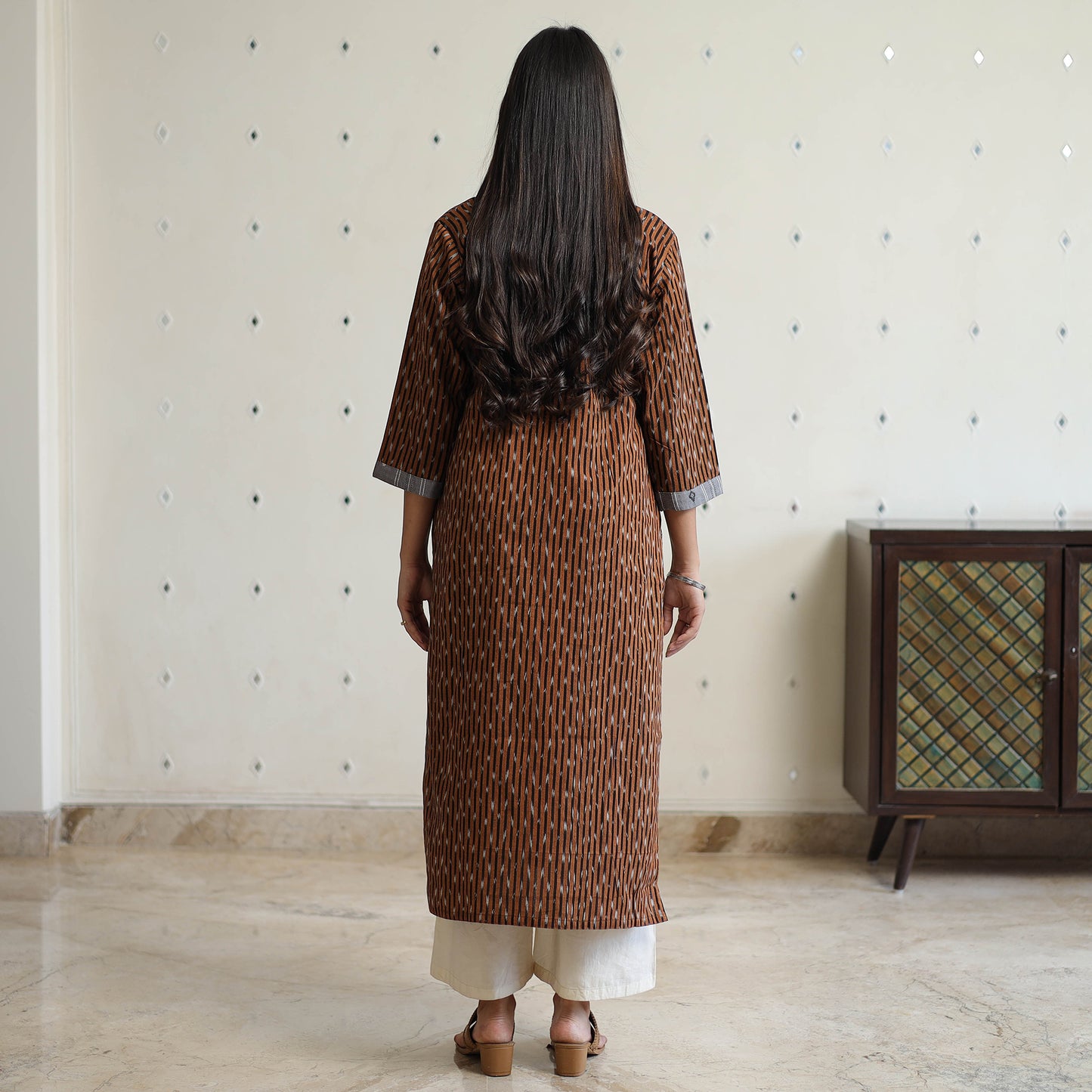 Brown - Pochampally Ikat Weave Cotton Straight Kurta with Jacquard Patchwork 23