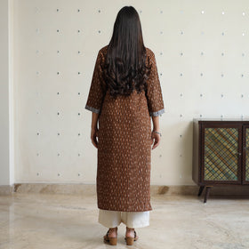 Brown - Pochampally Ikat Weave Cotton Straight Kurta with Jacquard Patchwork 23