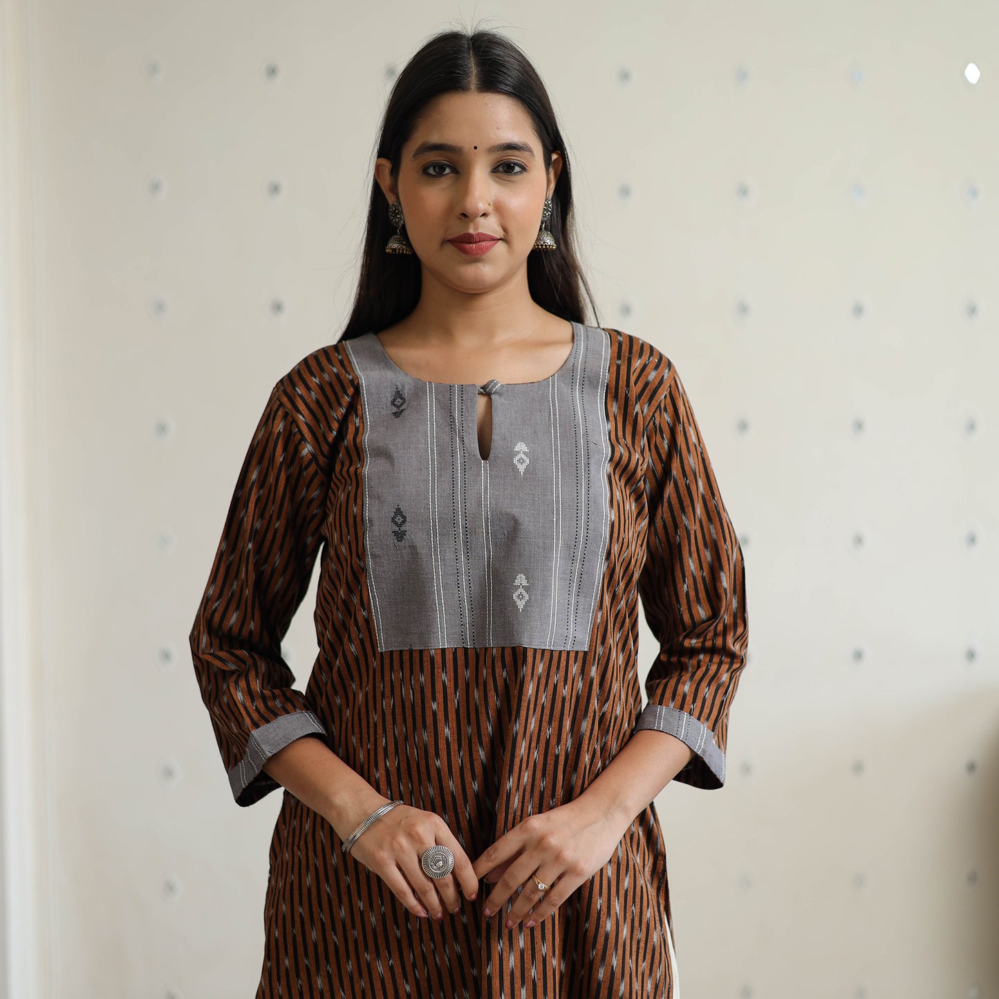 Brown - Pochampally Ikat Weave Cotton Straight Kurta with Jacquard Patchwork 23