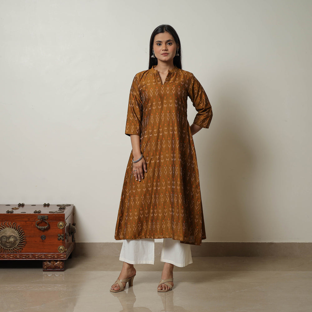 Brown - Mercerised Cotton A-Line Pochampally Ikat Kurta 01