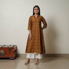 Brown - Mercerised Cotton A-Line Pochampally Ikat Kurta 01