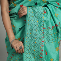 Green - Handcrafted Bengal Nakshi Kantha Work Silk Saree 22