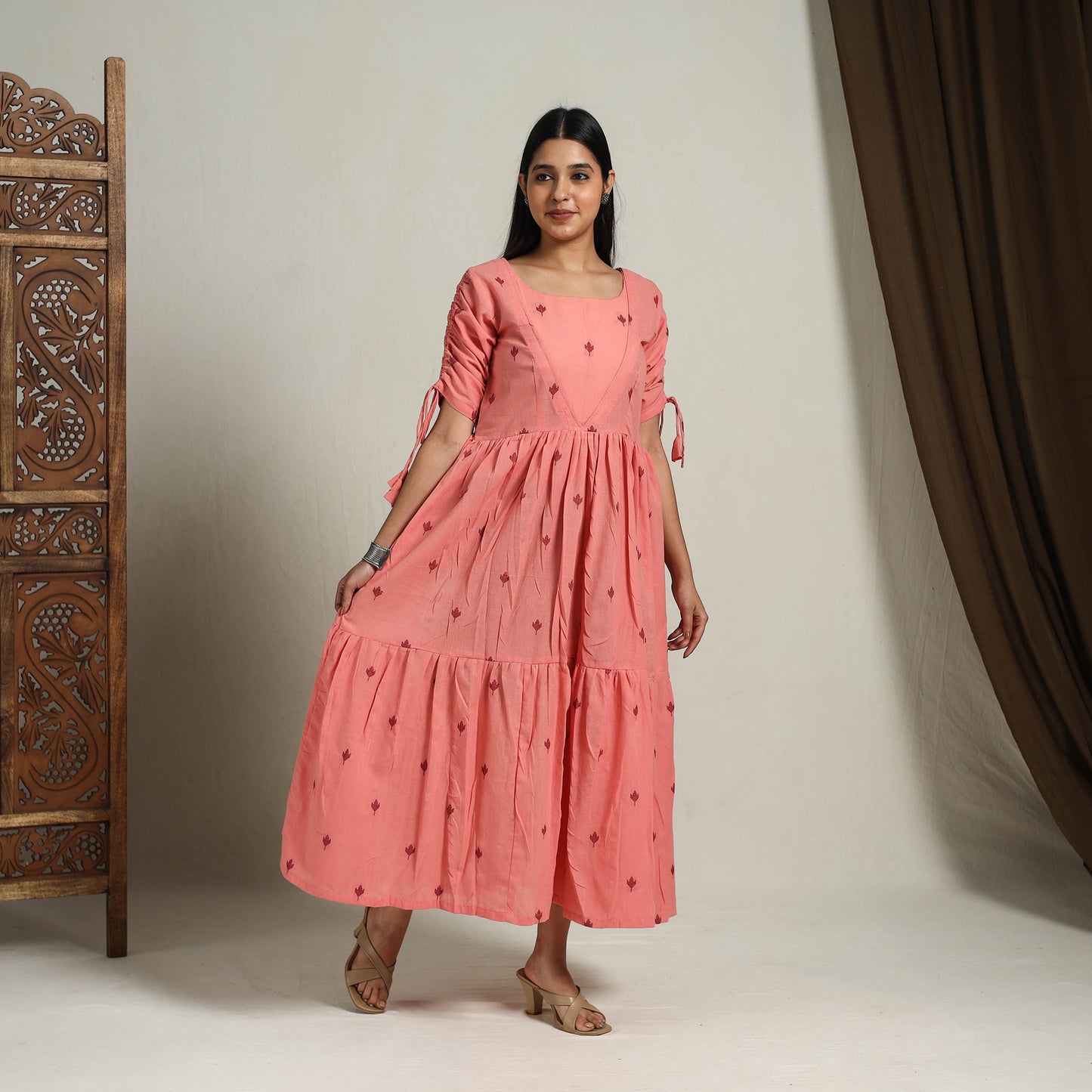 Peach - Tiered Fit & Flare Cotton Jacquard Dress 05