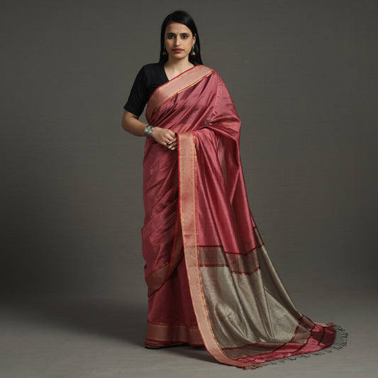 Pink - Traditional Maheshwari Silk Handloom Saree with Thread Border