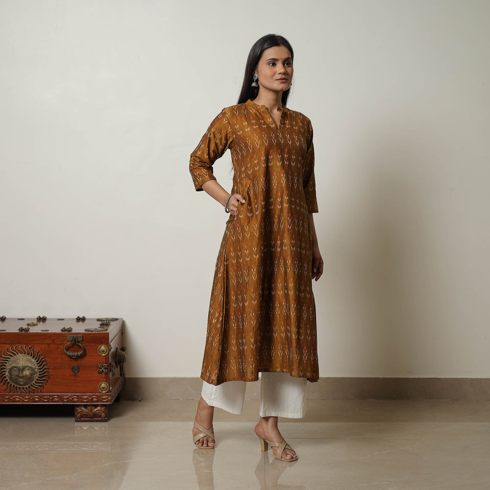 Brown - Mercerised Cotton A-Line Pochampally Ikat Kurta 01