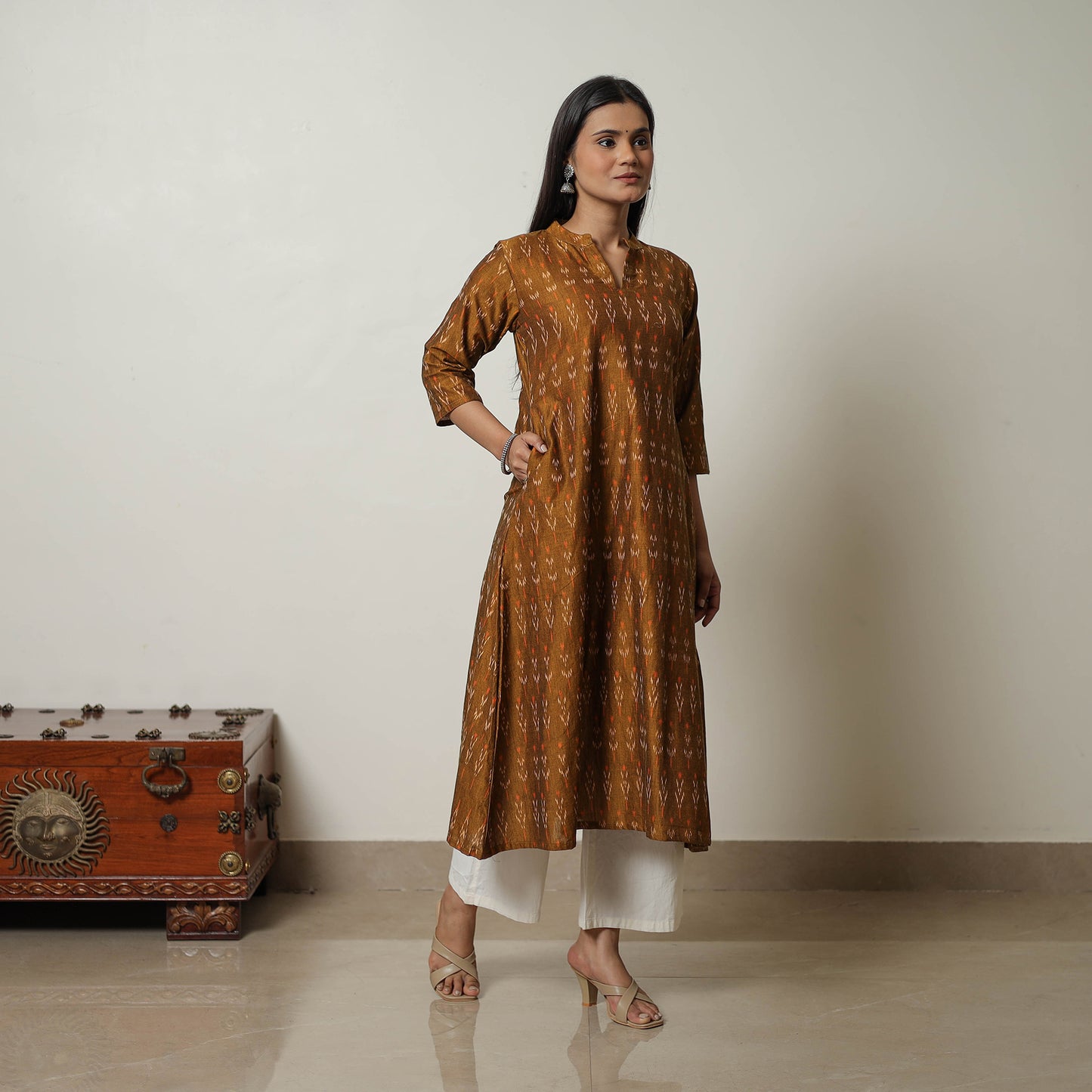 Brown - Mercerised Cotton A-Line Pochampally Ikat Kurta 01