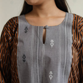 Brown - Pochampally Ikat Weave Cotton Straight Kurta with Jacquard Patchwork 23