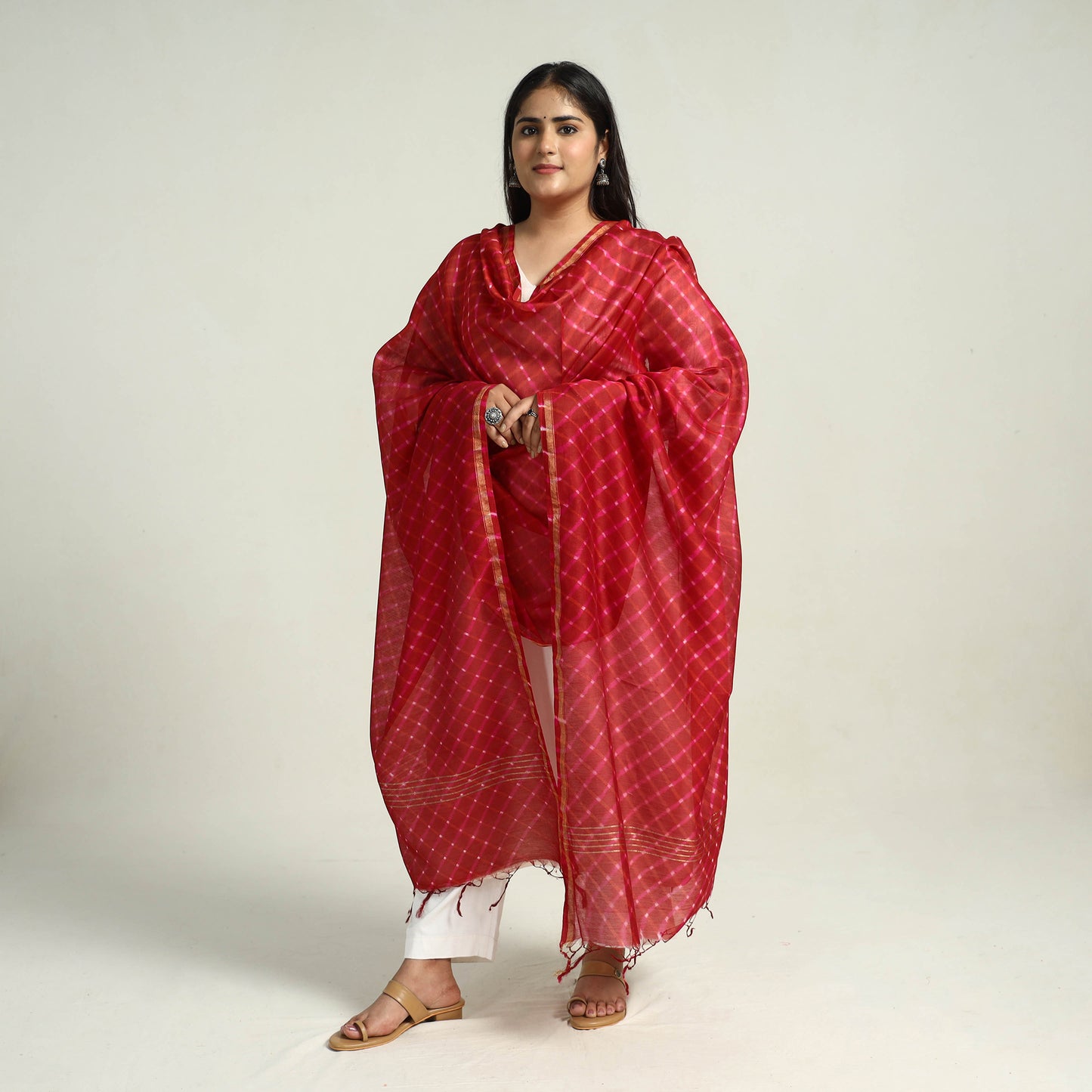 Red - Traditional Tie & Dye Chanderi Silk Leheriya Dupatta 52